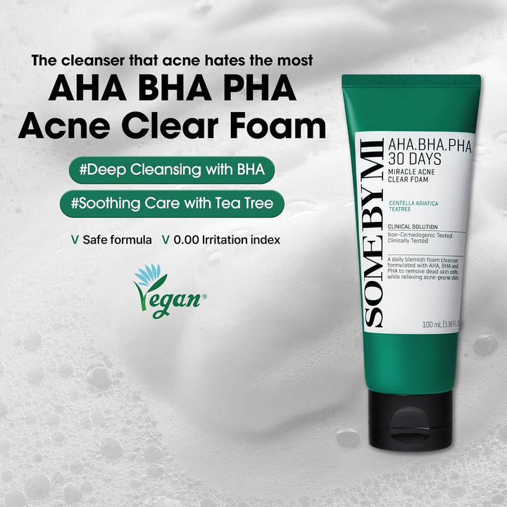 AHA BHA PHA 30 Days Miracle Acne Clear Foam – 3.38Oz, 100Ml – Korean Acne Face Wash for Smooth &amp; Clear Skin – Salicylic Acid Cleanser for Exfoliation &amp; Sebum Control – Korean Skin Care