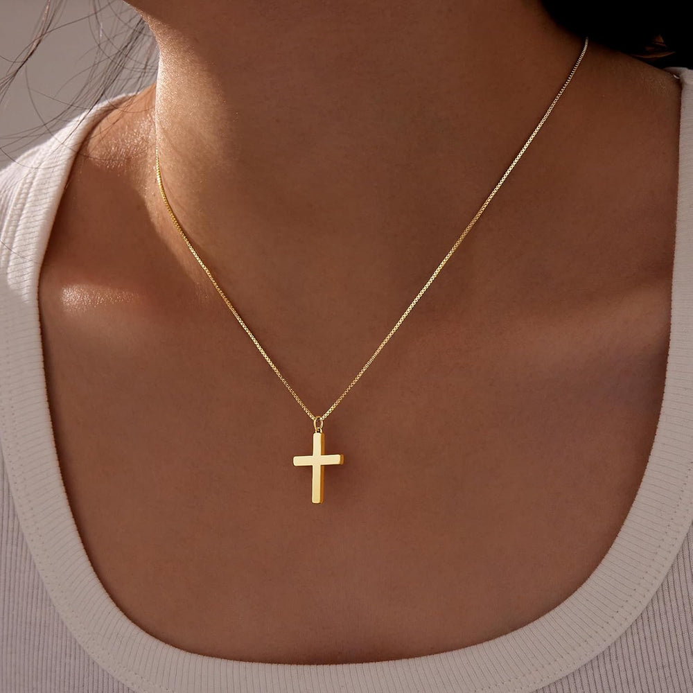 Cross Necklace for Women Teen Girls, Dainty 14K Gold Silver Plated Cross Choker Jewelry Non Tarnish Waterproof Cute Simple Small Necklace Christian Baptism Religious Faith Jewelry Gifts - Gold Plain