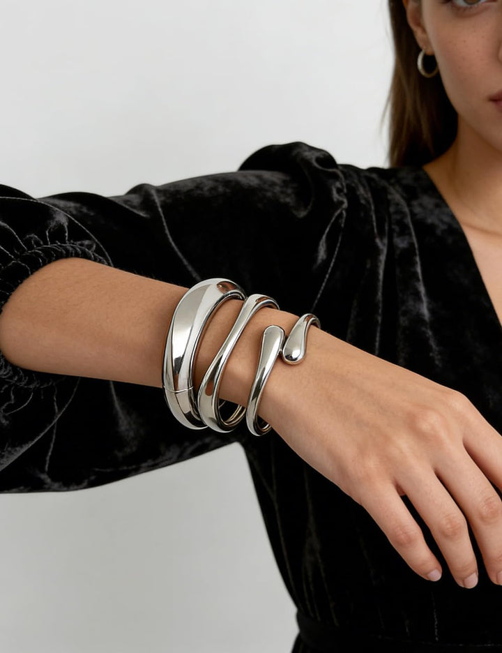 Chunky Gold Bangle Bracelets for Women, Dainty 14K Gold Plated Big Stackable Bangles Set, Trendy Statement Cuff Bracelet Stack Fashion Jewelry Gifts - Silver