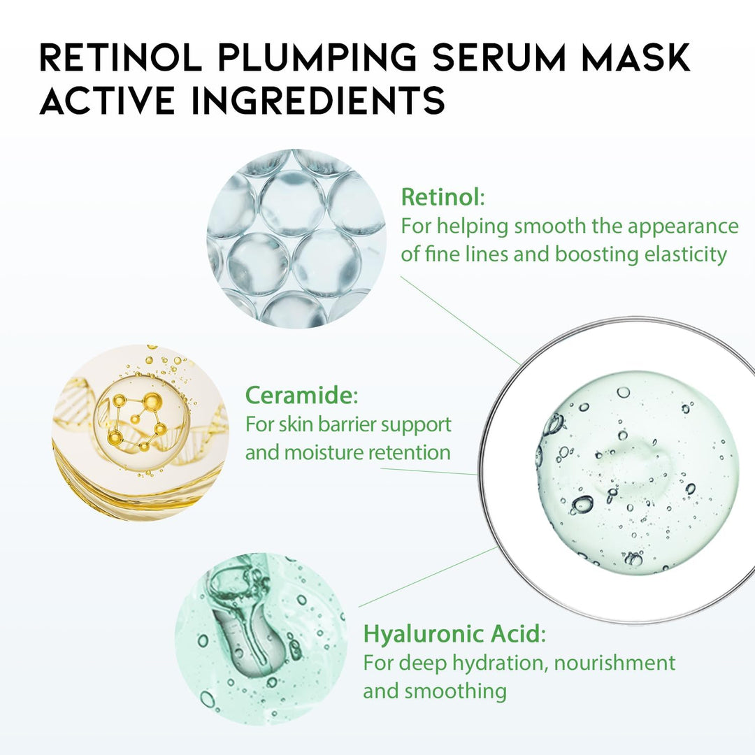 Rejuvenating Retinol Sheet Mask Korean Vegan Facial Mask, Wrinkle-Smoothing &amp; Intense Moisturizing Sheet Mask with Ceramide &amp; Hyaluronate (10-Count)