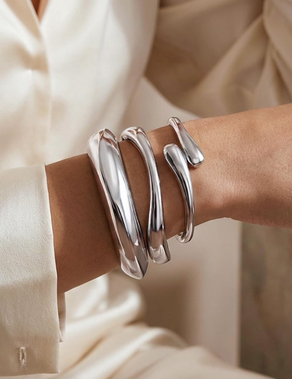 Chunky Gold Bangle Bracelets for Women, Dainty 14K Gold Plated Big Stackable Bangles Set, Trendy Statement Cuff Bracelet Stack Fashion Jewelry Gifts - Silver