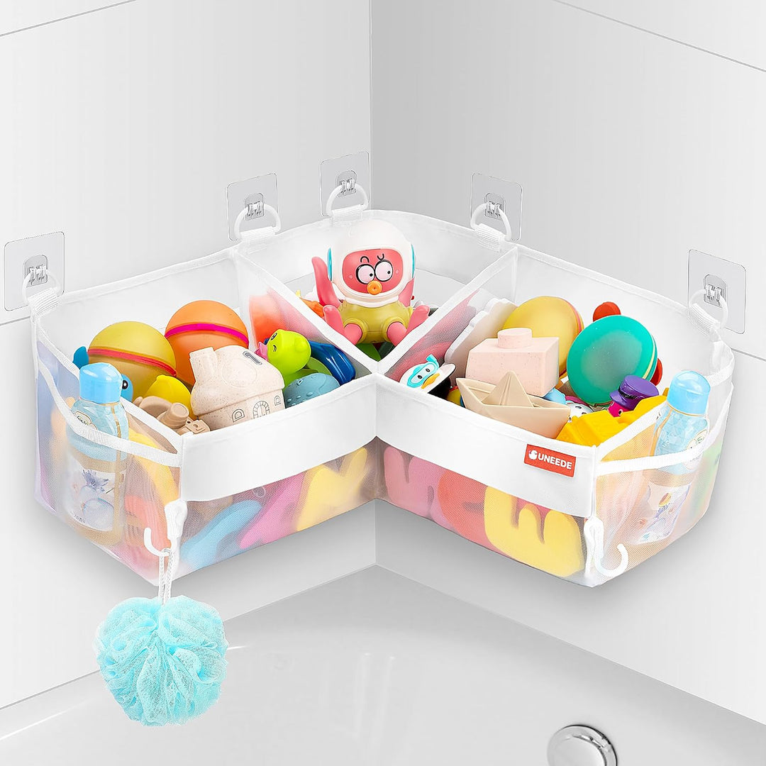 Bath Toy Storage - 3 Compartment Corner Bath Toy Storage Organizer, 4 Gallons Quick-Drying Bath Toy Holder, Machine-Washable Bathtub Toy Storage for Classify Toys & Bath Supplies