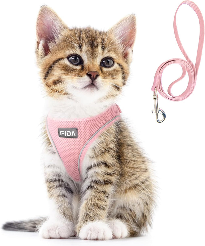 Cat Harness and Leash Set for Walking Kitten and Puppy, Escape Proof Kitten Harness with Breathable Lightweight Soft Mesh, Adjustable Reflective Step-In Design. (XXXS, Pink)