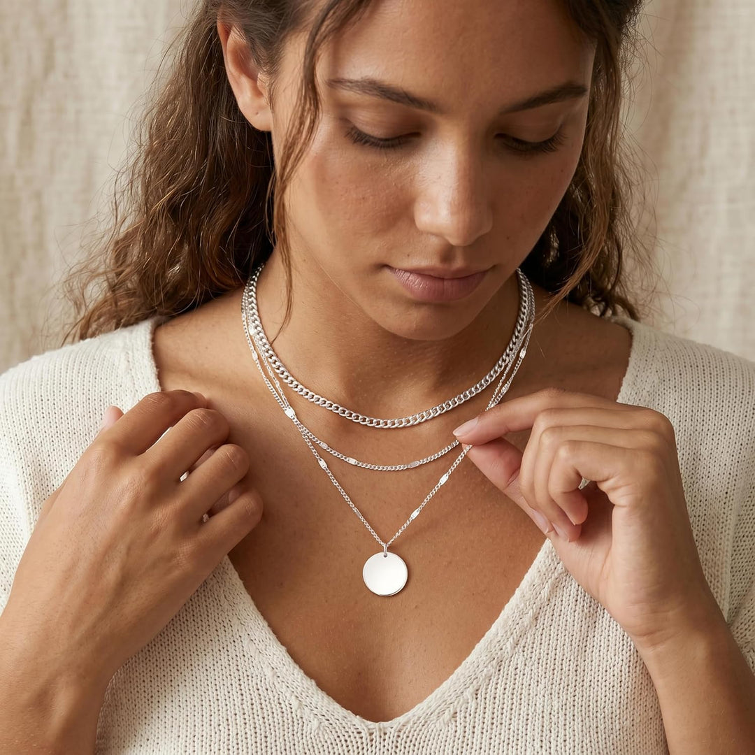 Layered Gold Necklaces for Women, 14K Gold Sterling Silver Plated Dainty Pendant Necklace Set Non Tarnish, Chunky Stackable Cuban Chain Choker, Trendy Birthstone Vacation Jewelry Gift - Silver