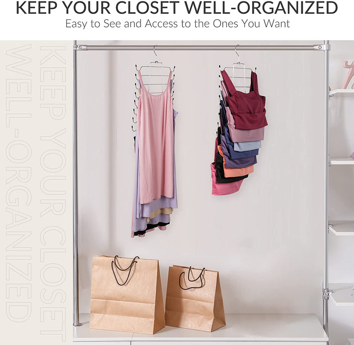 2 Pack Tank Top Hanger Space Saving, Bra Hangers for Closet Organizer, Hanging Bra Organizer Tank Tops Holder with 16 Hooks, Metal Closet Organizers and Storage Small Space Solutions, Silver
