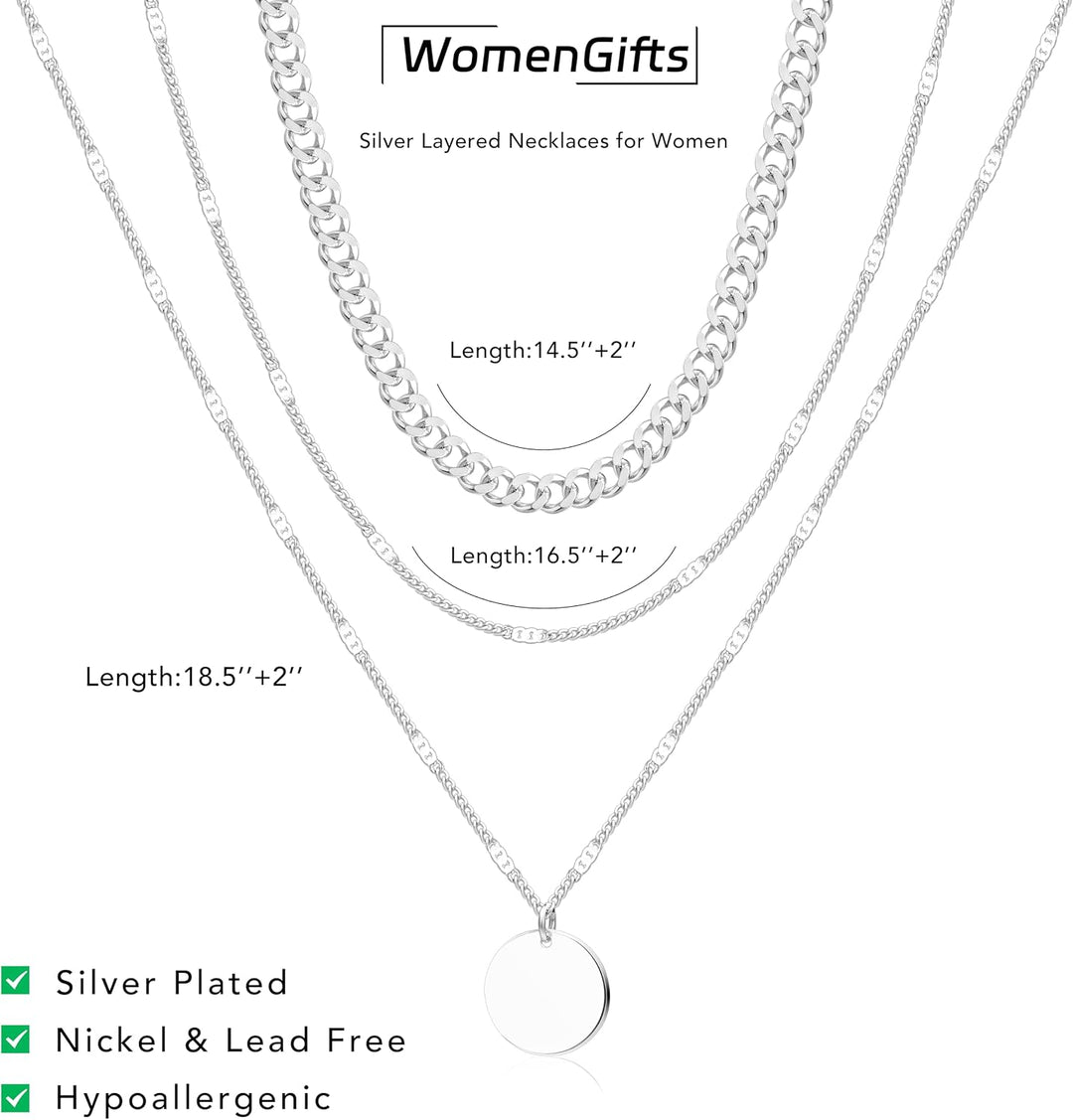 Layered Gold Necklaces for Women, 14K Gold Sterling Silver Plated Dainty Pendant Necklace Set Non Tarnish, Chunky Stackable Cuban Chain Choker, Trendy Birthstone Vacation Jewelry Gift - Silver