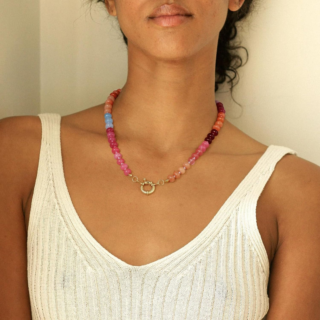 Beaded Gemstone Necklaces for Women, Boho Colorful Bead Choker Necklace, Natural Stone Handmade Summer Jewelry for Beach