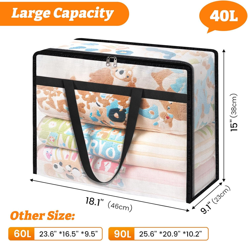 4 Pack Clear Clothes Storage Bags, Moving Bags, Foldable Blanket Storage under Bed Storage Containers with Sturdy Zipper and Handle for Clothing, Comforter, Bedding, Sheet (40L)