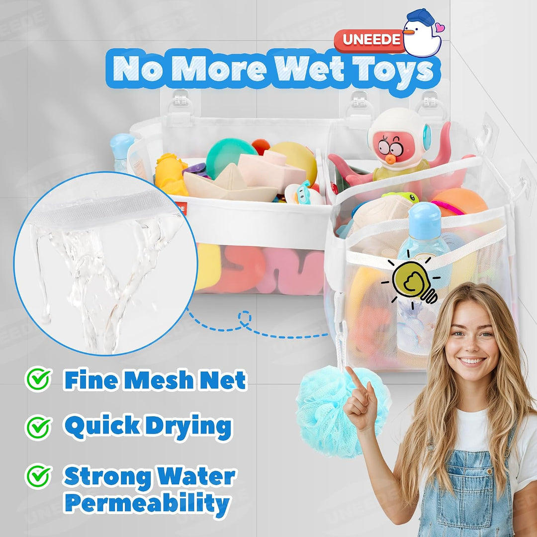 Bath Toy Storage - 3 Compartment Corner Bath Toy Storage Organizer, 4 Gallons Quick-Drying Bath Toy Holder, Machine-Washable Bathtub Toy Storage for Classify Toys &amp; Bath Supplies