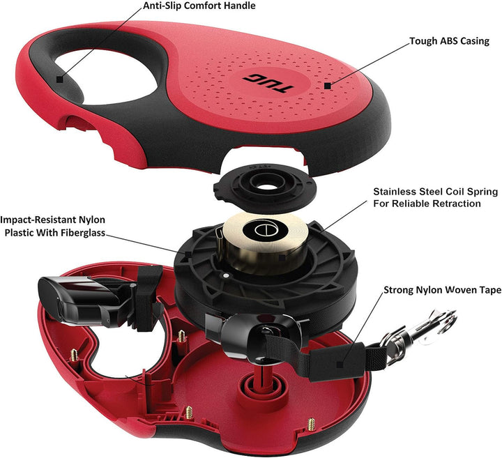 360° Tangle-Free Retractable Dog Leash with Anti-Slip Handle | 16 Ft Strong Nylon Tape | One-Handed Brake, Pause, Lock (Medium, Red)