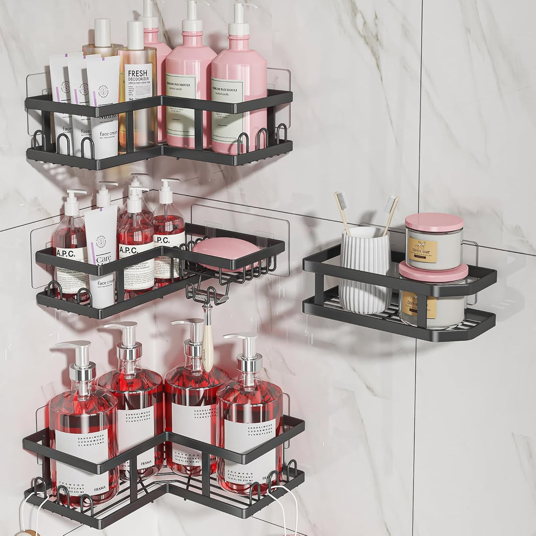 Shower Caddy Corner with Soap Holder, No Drilling Shower Shelves-Rustproof, Adhesive Shower Organizer Corner for Dorm. Black, 4-Pack