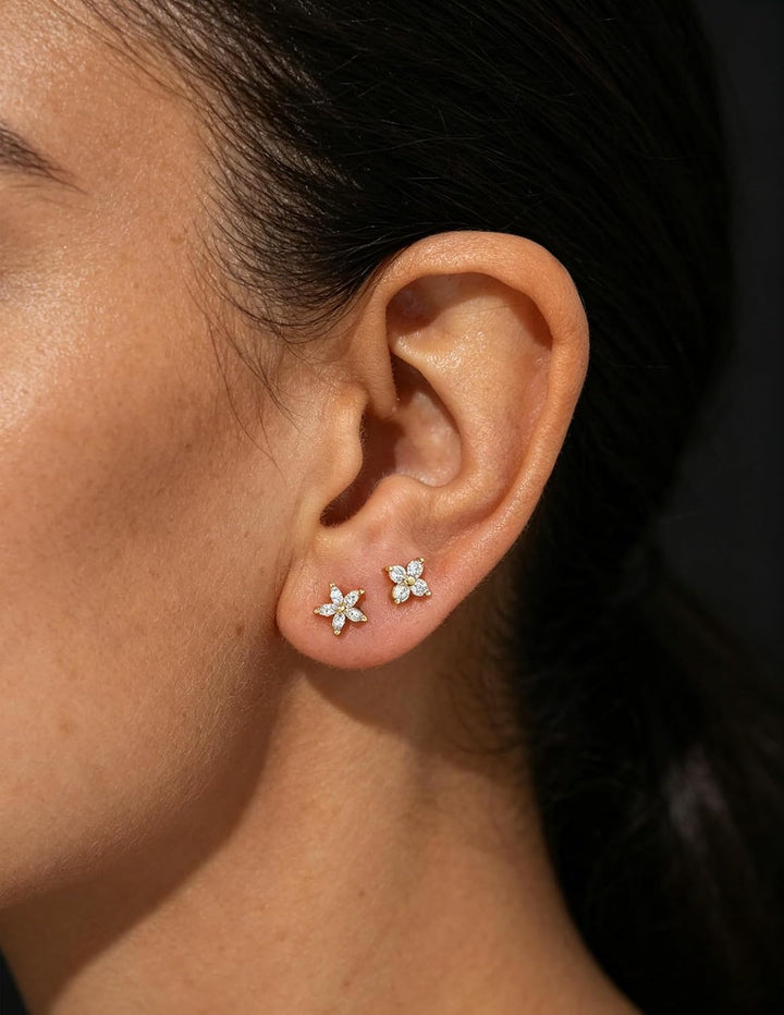 5 Pairs 14K Gold Plated Stud Earrings for Women, Hypoallergenic Earring Sets for Multiple Piercing, Premium Cubic Zirconia Studs Earrings for Women - Gold Flower
