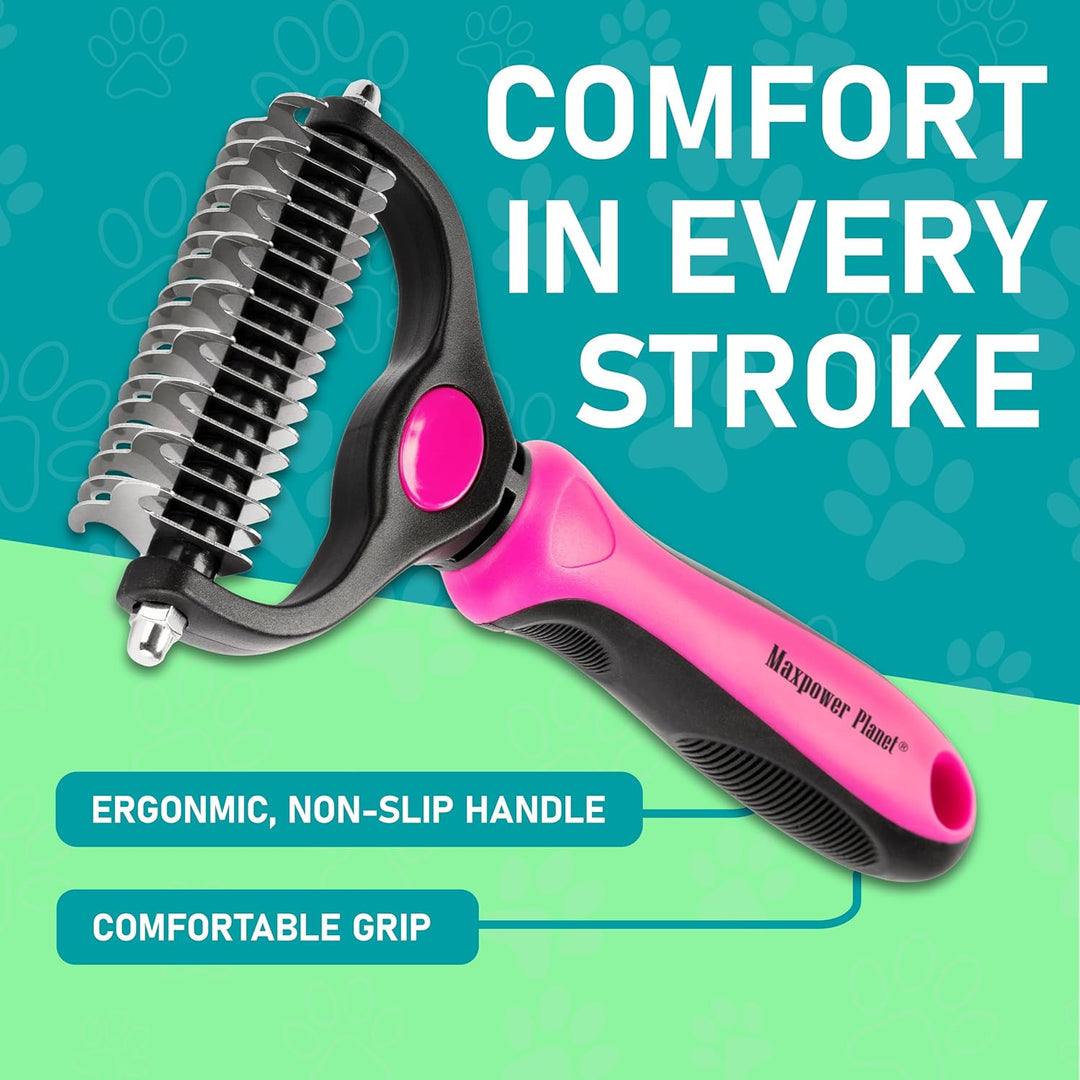 Hair Brush - Double Sided Shedding, Dematting Undercoat Rake for Dogs, Cats - Extra Wide Dog Grooming Brush, Pink
