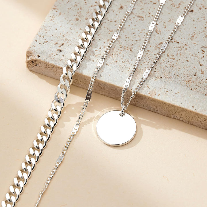 Layered Gold Necklaces for Women, 14K Gold Sterling Silver Plated Dainty Pendant Necklace Set Non Tarnish, Chunky Stackable Cuban Chain Choker, Trendy Birthstone Vacation Jewelry Gift - Silver