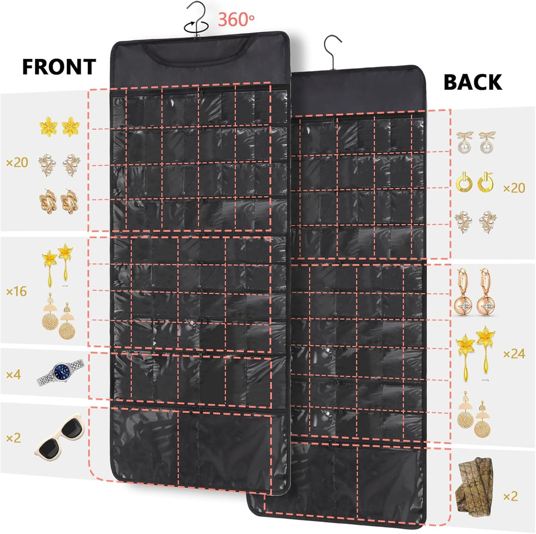 Hanging Jewelry Organizer Storage Roll 88 Zippered Pockets,Dustproof Foldable for Travel,Double-Sided Accessories Organizer Holder for Earring Necklace Ring on Closet Wall Door(Black,1 Pack)