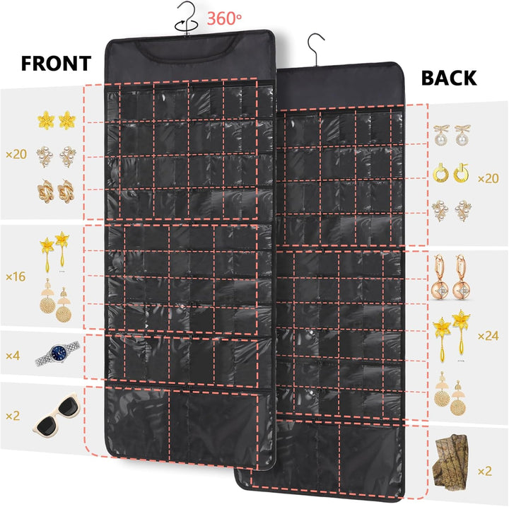 Hanging Jewelry Organizer Storage Roll 88 Zippered Pockets,Dustproof Foldable for Travel,Double-Sided Accessories Organizer Holder for Earring Necklace Ring on Closet Wall Door(Black,1 Pack)
