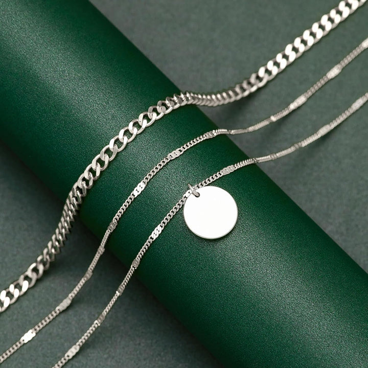Layered Gold Necklaces for Women, 14K Gold Sterling Silver Plated Dainty Pendant Necklace Set Non Tarnish, Chunky Stackable Cuban Chain Choker, Trendy Birthstone Vacation Jewelry Gift - Silver