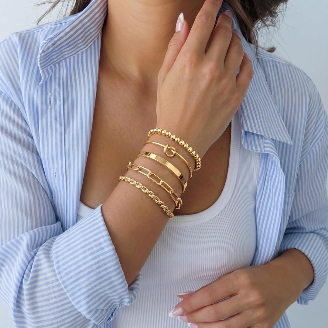Gold Bracelets Set for Women Non Tarnish Waterproof, 14K Gold Plated Chunky Cuff &amp; Stackable Bangles, Cuban Rope Paperclip Bracelet Stack - Gold