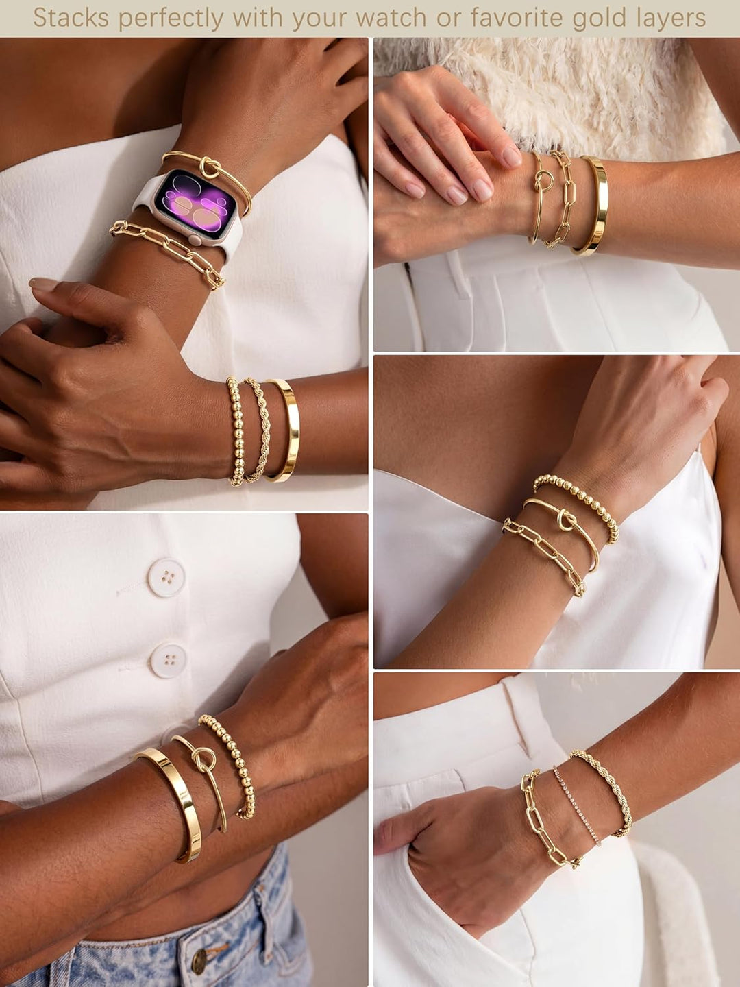 Gold Bracelets Set for Women Non Tarnish Waterproof, 14K Gold Plated Chunky Cuff &amp; Stackable Bangles, Cuban Rope Paperclip Bracelet Stack - Gold