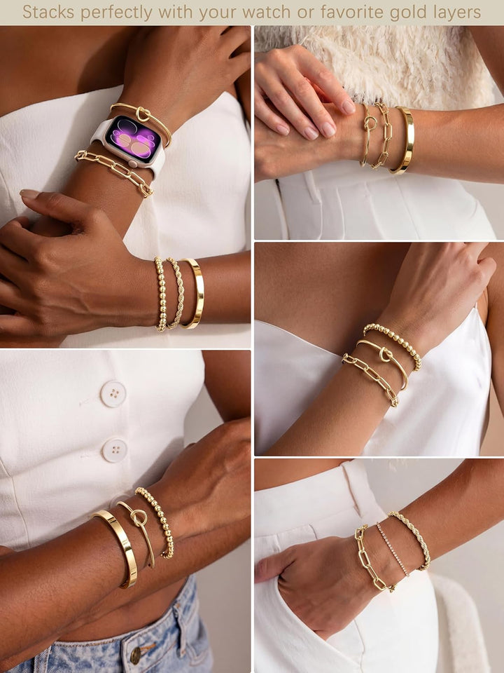 Gold Bracelets Set for Women Non Tarnish Waterproof, 14K Gold Plated Chunky Cuff &amp; Stackable Bangles, Cuban Rope Paperclip Bracelet Stack - Gold