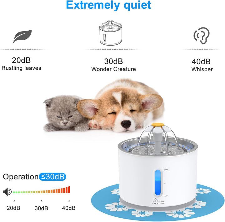 Cat Water Fountain Stainless Steel, 81Oz/2.4L Cat Fountain with Water Level Window and LED Light for Water Shortage Alert, Cat and Dog Fountain with 3 Filters and 1 Mat