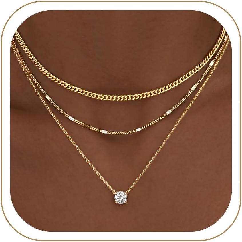 Layered Gold Necklaces for Women, 14K Gold Sterling Silver Plated Dainty Pendant Necklace Set Non Tarnish, Chunky Stackable Cuban Chain Choker, Trendy Birthstone Vacation Jewelry Gift - Gold