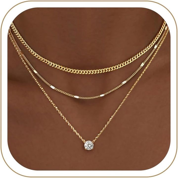 Layered Gold Necklaces for Women, 14K Gold Sterling Silver Plated Dainty Pendant Necklace Set Non Tarnish, Chunky Stackable Cuban Chain Choker, Trendy Birthstone Vacation Jewelry Gift - Gold