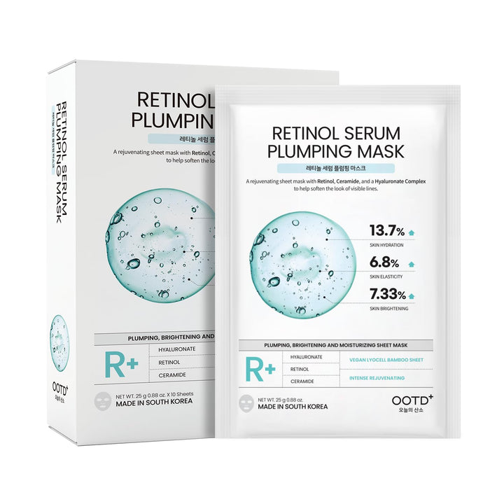 Rejuvenating Retinol Sheet Mask Korean Vegan Facial Mask, Wrinkle-Smoothing &amp; Intense Moisturizing Sheet Mask with Ceramide &amp; Hyaluronate (10-Count)