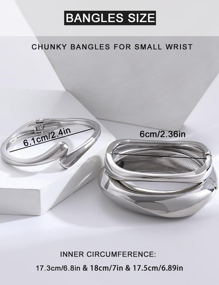 Chunky Gold Bangle Bracelets for Women, Dainty 14K Gold Plated Big Stackable Bangles Set, Trendy Statement Cuff Bracelet Stack Fashion Jewelry Gifts - Silver