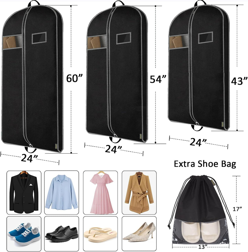 2PK Heavy Duty Garment Bag with Shoe Storage Travel Bag for Dresses, Suit, Coats Travel Essential (60", Black)