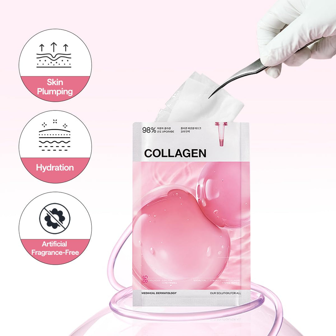 Essential Face Mask [Collagen] 10 Pcs. for Plumping Hydration, Glass Skin &amp; Skin Nourishment - Travel Essentials, Korean Beauty Sheet Mask