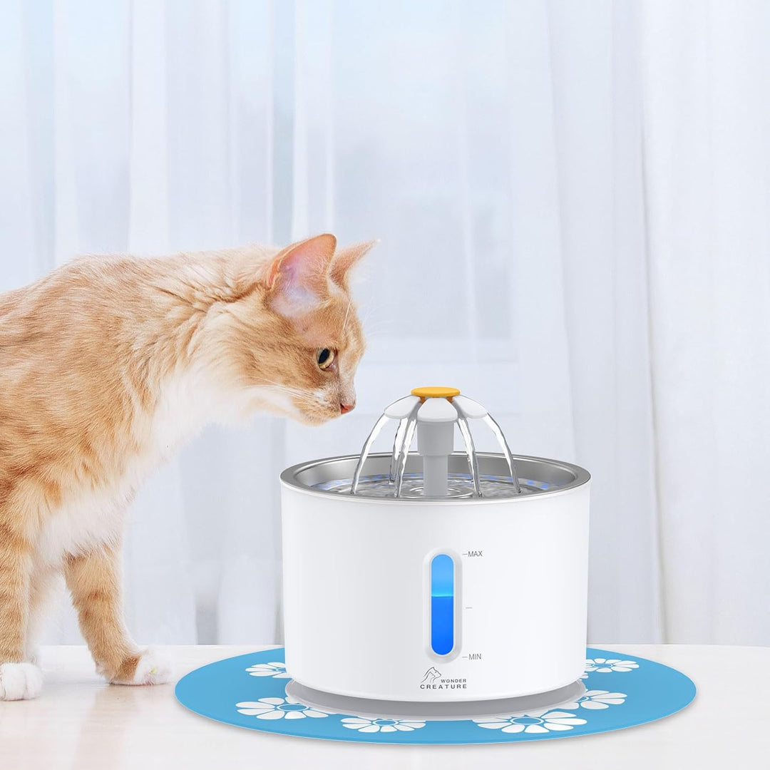 Cat Water Fountain Stainless Steel, 81Oz/2.4L Cat Fountain with Water Level Window and LED Light for Water Shortage Alert, Cat and Dog Fountain with 3 Filters and 1 Mat