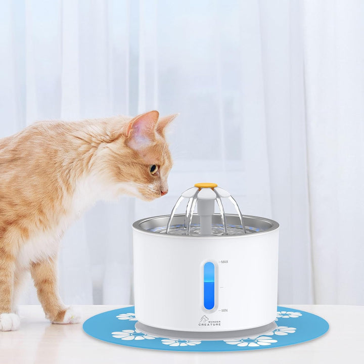 Cat Water Fountain Stainless Steel, 81Oz/2.4L Cat Fountain with Water Level Window and LED Light for Water Shortage Alert, Cat and Dog Fountain with 3 Filters and 1 Mat