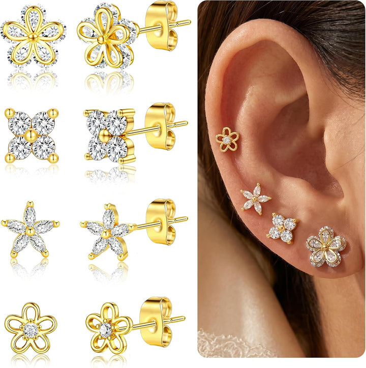 5 Pairs 14K Gold Plated Stud Earrings for Women, Hypoallergenic Earring Sets for Multiple Piercing, Premium Cubic Zirconia Studs Earrings for Women - Gold Flower