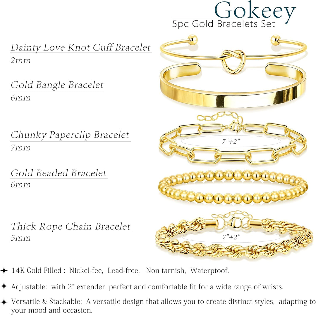 Gold Bracelets Set for Women Non Tarnish Waterproof, 14K Gold Plated Chunky Cuff &amp; Stackable Bangles, Cuban Rope Paperclip Bracelet Stack - Gold