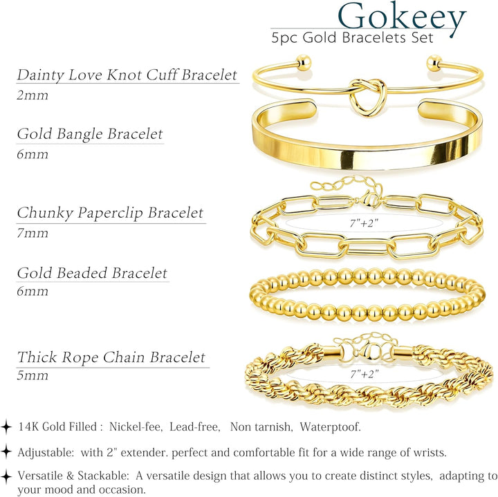 Gold Bracelets Set for Women Non Tarnish Waterproof, 14K Gold Plated Chunky Cuff &amp; Stackable Bangles, Cuban Rope Paperclip Bracelet Stack - Gold