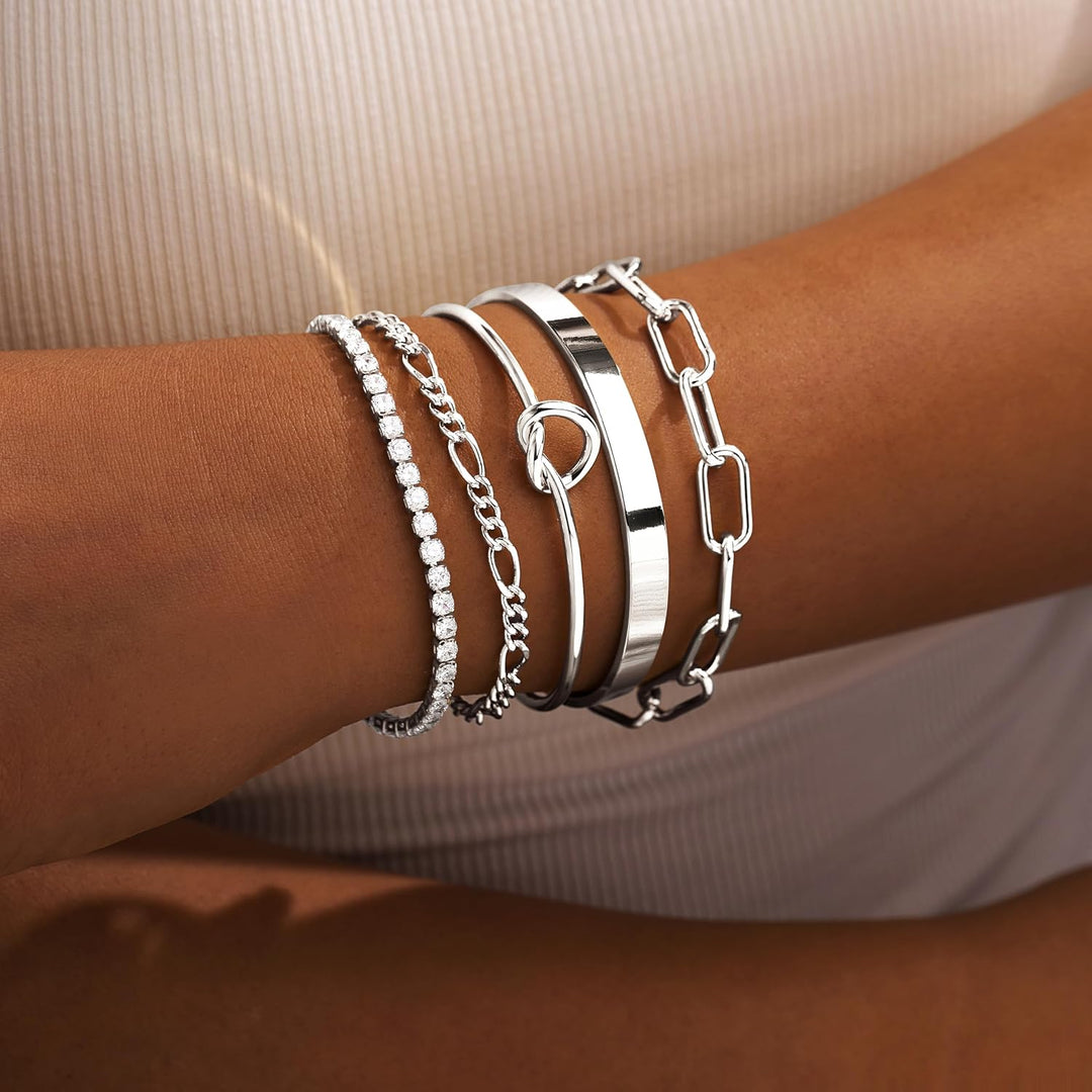 Gold Bracelets Set for Women Non Tarnish Waterproof, 14K Gold Plated Chunky Cuff &amp; Stackable Bangles, Cuban Rope Paperclip Bracelet Stack - Silver