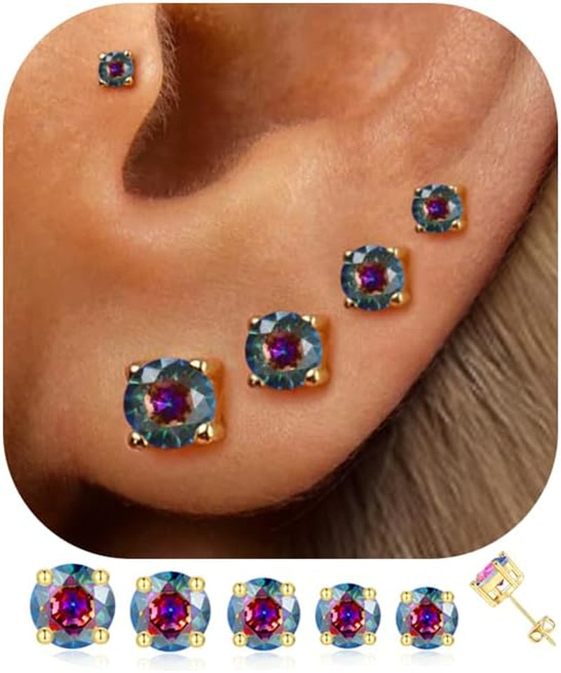 5 Pairs 14K Gold Plated Stud Earrings for Women, Hypoallergenic Earring Sets for Multiple Piercing, Premium Cubic Zirconia Studs Earrings for Women - Multicolor