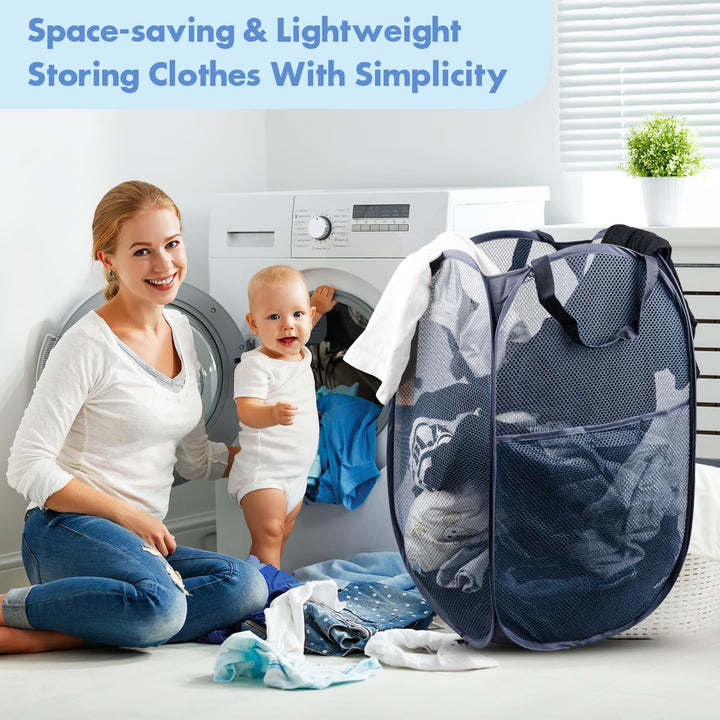 Pop up Laundry Hamper, 70L Collapsible Mesh Laundry Basket with Side Pocket, Foldable Dirty Clothes Hamper with Sturdy Reinforced Handles for Home Dorm Bedroom Travel Storage, Blue, 2Pack