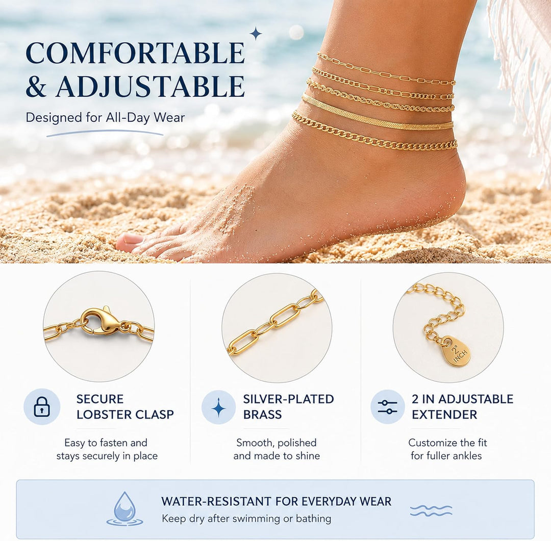 Gold/Silver Plated Anklet Bracelets for Women Waterproof plus Size Cuban Link Chain Ankle Bracelet for Large Ankle 9-12Inch - Gold