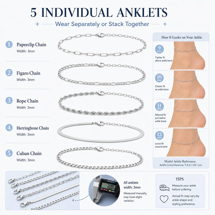 Gold/Silver Plated Anklet Bracelets for Women Waterproof plus Size Cuban Link Chain Ankle Bracelet for Large Ankle 9-12Inch - Silver
