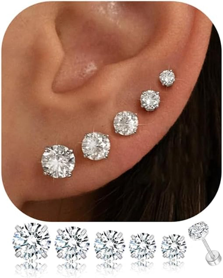 5 Pairs 14K Gold Plated Stud Earrings for Women, Hypoallergenic Earring Sets for Multiple Piercing, Premium Cubic Zirconia Studs Earrings for Women - Clear CZ