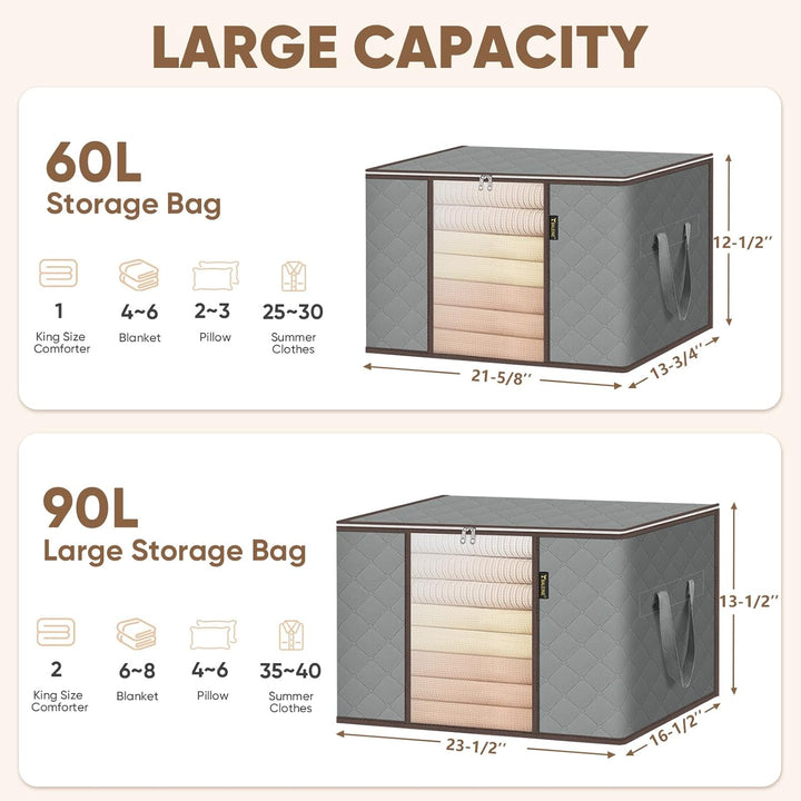 6 Pack Clothes Storage Bags, 16 Gallon Storage Containers with Reinforced Handle, Sturdy Zipper, Closet Organizer for Blanket, Comforter, Pillow, Bedding (Grey, 6 Pack)