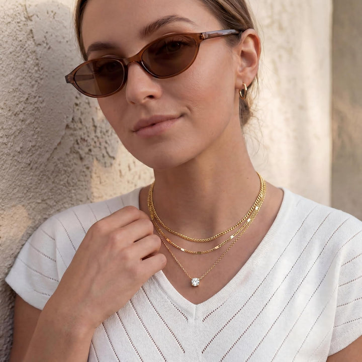 Layered Gold Necklaces for Women, 14K Gold Sterling Silver Plated Dainty Pendant Necklace Set Non Tarnish, Chunky Stackable Cuban Chain Choker, Trendy Birthstone Vacation Jewelry Gift - Gold