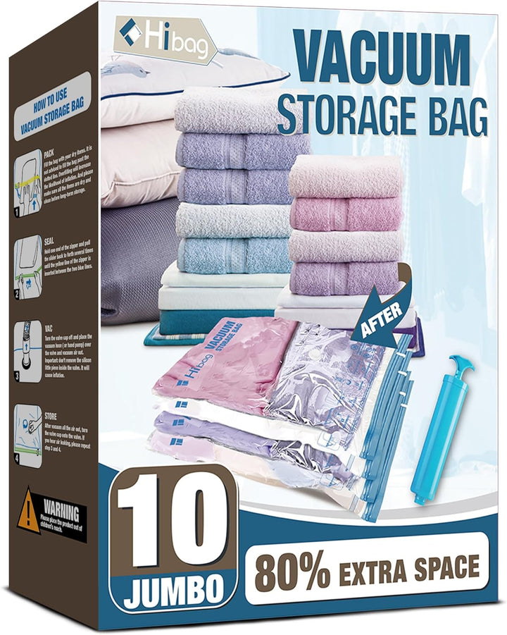 10 Jumbo Vacuum Storage Bags for Bedding, Vacuum Seal Bags for Clothing | Extra Large XL, Airtight Triple Seal, save 80% Space, Hand Pump, Work with Vacuum, Double Zip, Reusable, Easy to Use