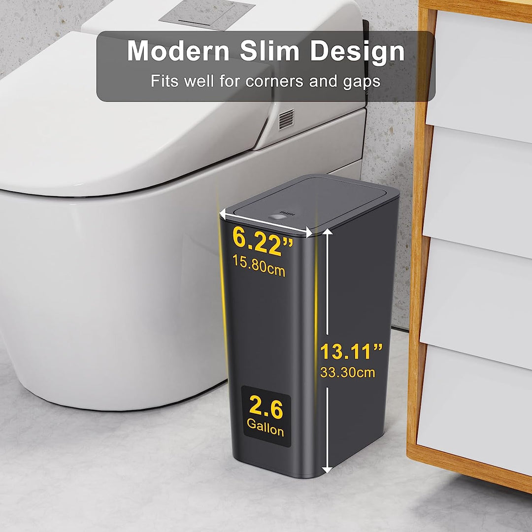 3 Pack 10 Liter Small Trash Can with Lid, 2.6 Gallon,Garbage Can Slim Trash Bin Waste Basket for Bathroom,Kitchen,Bedroom,Living Room,Office,Laundry - Black