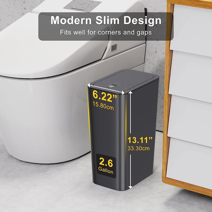 3 Pack 10 Liter Small Trash Can with Lid, 2.6 Gallon,Garbage Can Slim Trash Bin Waste Basket for Bathroom,Kitchen,Bedroom,Living Room,Office,Laundry - Black