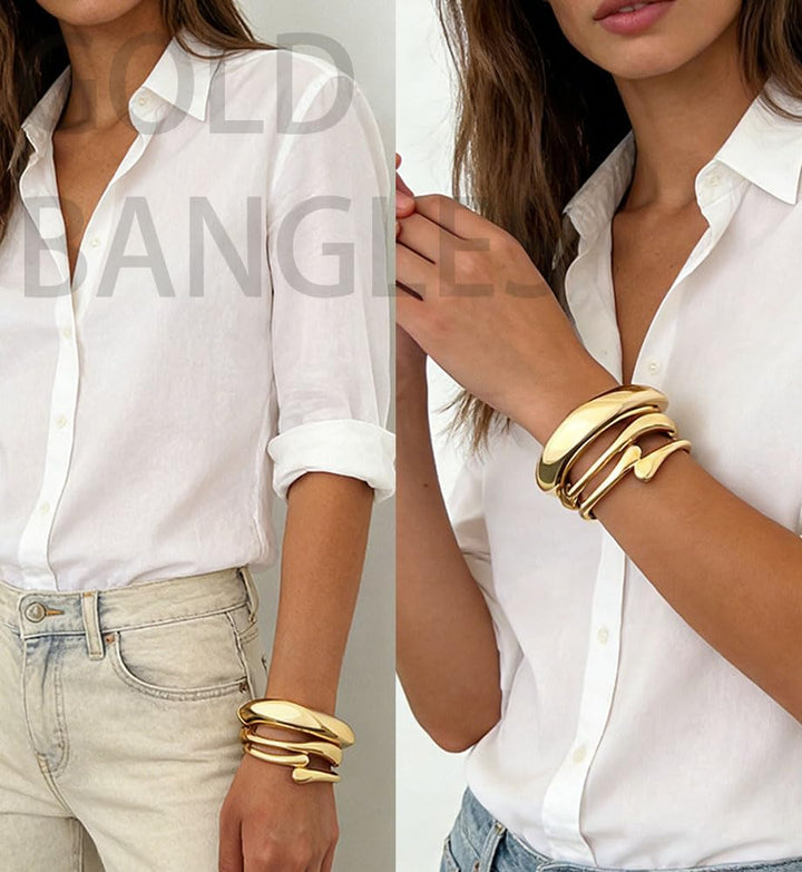 Chunky Gold Bangle Bracelets for Women, Dainty 14K Gold Plated Big Stackable Bangles Set, Trendy Statement Cuff Bracelet Stack Fashion Jewelry Gifts - Gold