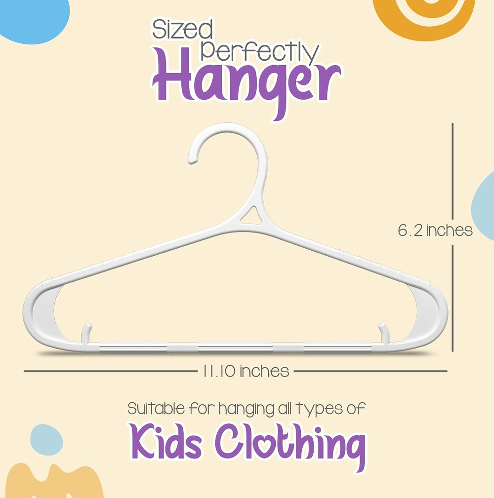 Kids Hangers 60 Pack - 11 Inch Plastic Baby Hangers for Closet - Childrens Hanger for Clothes & Infant Hanger for Closet - Non-Slip Shoulder Grooves, Strap Hooks & Pants Bar (White)