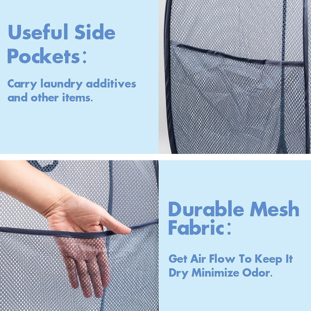 Pop up Laundry Hamper, 70L Collapsible Mesh Laundry Basket with Side Pocket, Foldable Dirty Clothes Hamper with Sturdy Reinforced Handles for Home Dorm Bedroom Travel Storage, Blue, 2Pack